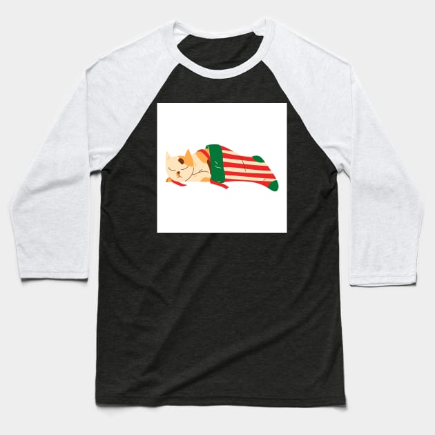 Cat Sleeping in Christmas Stocking Baseball T-Shirt by Art by Ergate